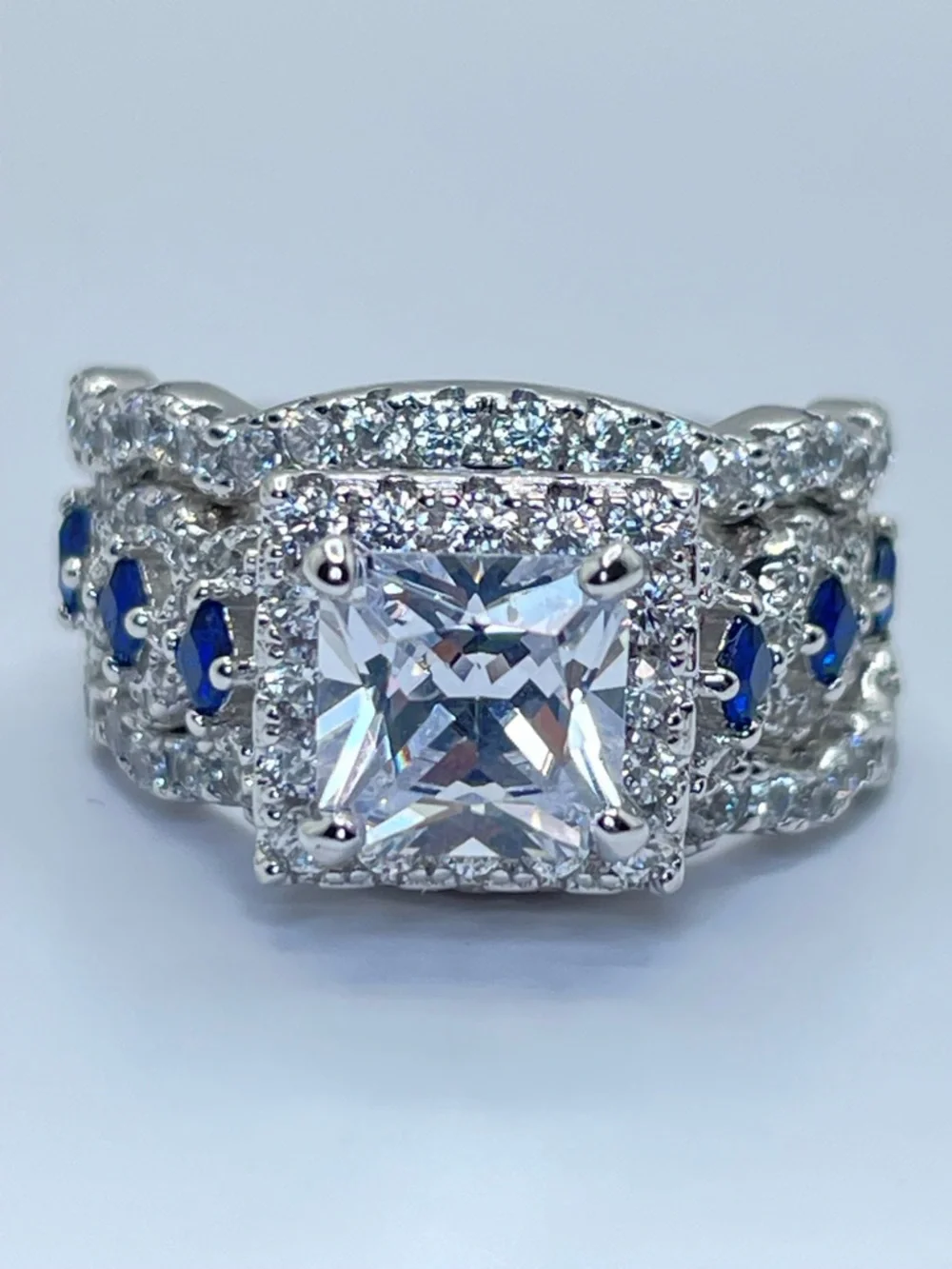 925 Sterling Silver Cushion Cut Diamond Sapphire R3 Band Wedding Ring‎ Set 5